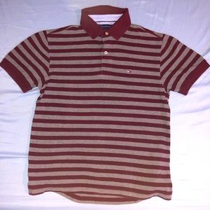 Vintage Medium Men’s Tommy Hilfiger Burgundy And Grey Striped Polo Shirt